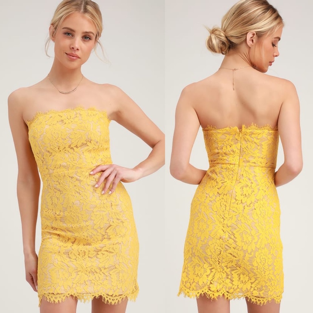 Lulus Maci Yellow Lace Strapless Mini Dress Yellow